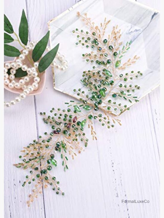 Vintage Green Beads Headpiece with Earrings Gold Headband Wedding Hair